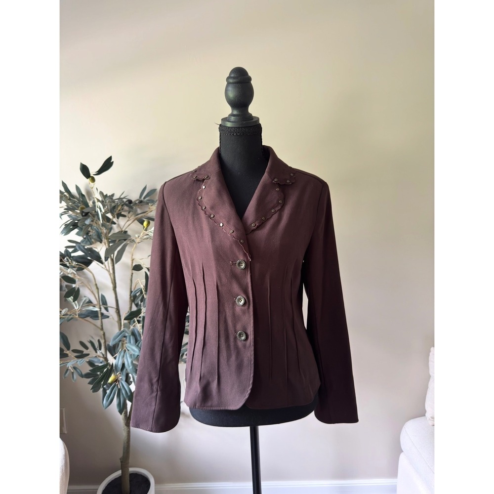 Requirements Brown Scalloped Studded Blazer Jacket Womens Small Pleated Front